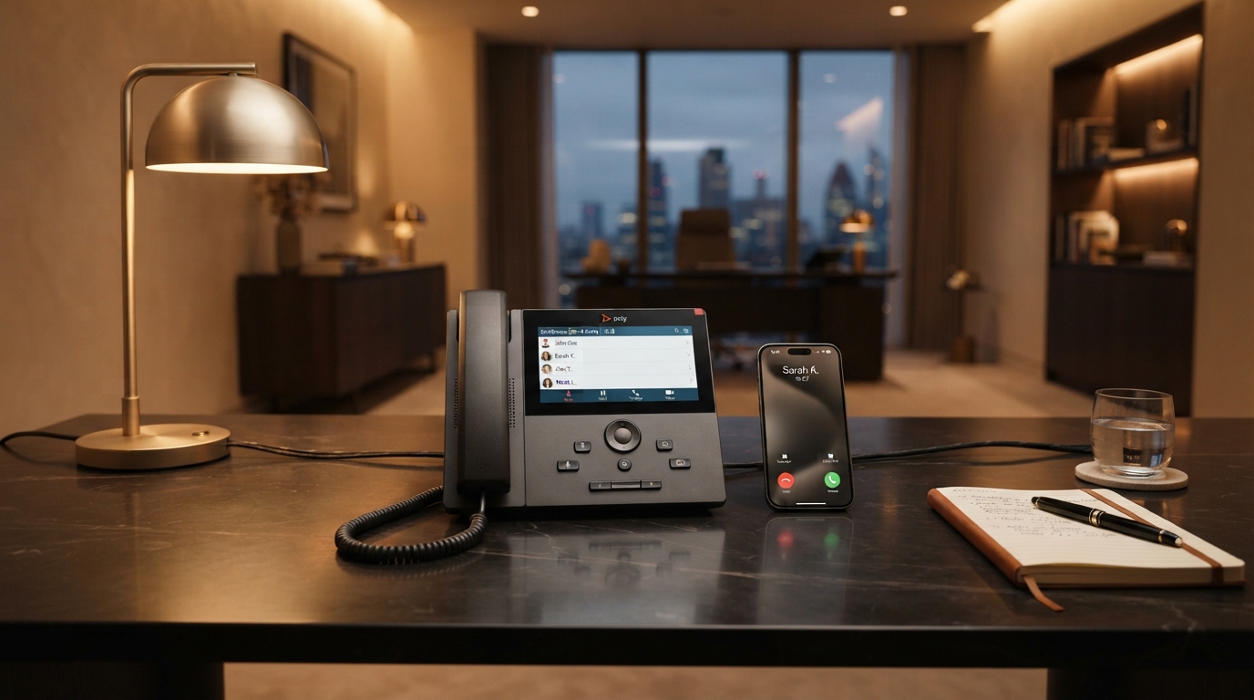 Modern office desk phone and smartphone resting on a dark onyx desk representing AI receptionist communication systems