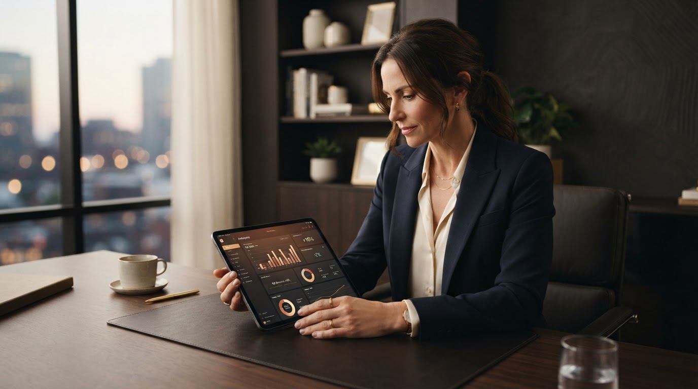 Business owner reviewing a tablet with analytics on a modern desk representing the importance of fast lead response time