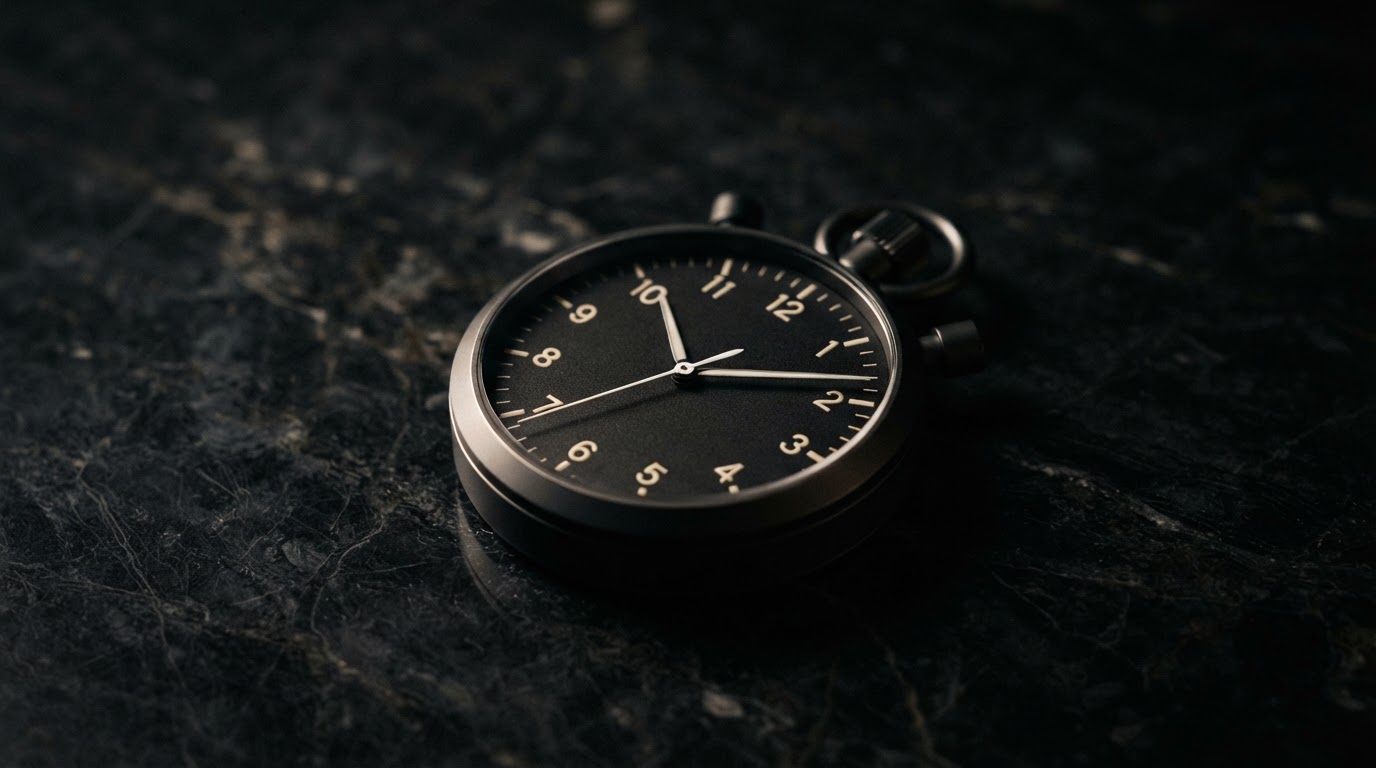 A sleek stopwatch frozen mid-motion on a dark onyx surface, representing the narrow window of lead response time
