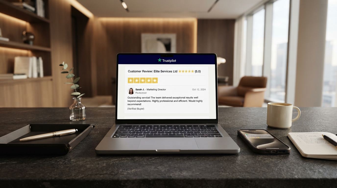 Laptop screen on a dark stone desk showing a five-star review interface representing automated Google review requests