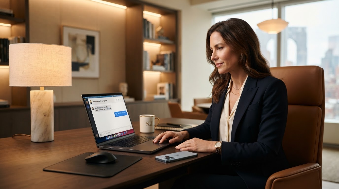 Business owner at a modern desk looking at a laptop with a chat interface representing AI-powered lead conversion