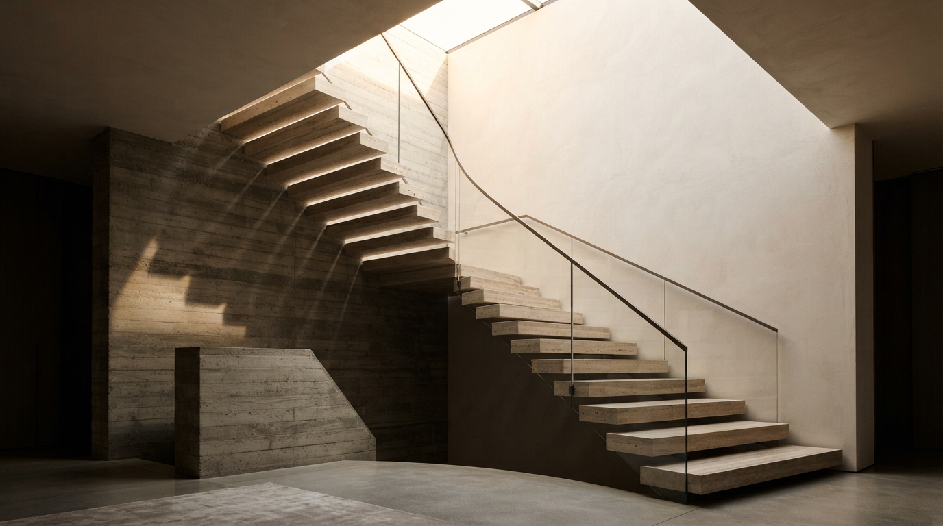 Modern architectural staircase ascending with warm light, representing structured growth