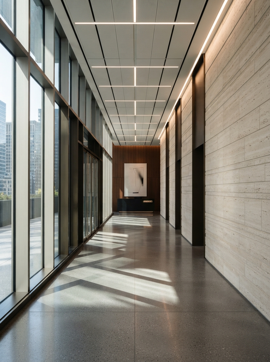 Modern architectural corridor representing structured business systems