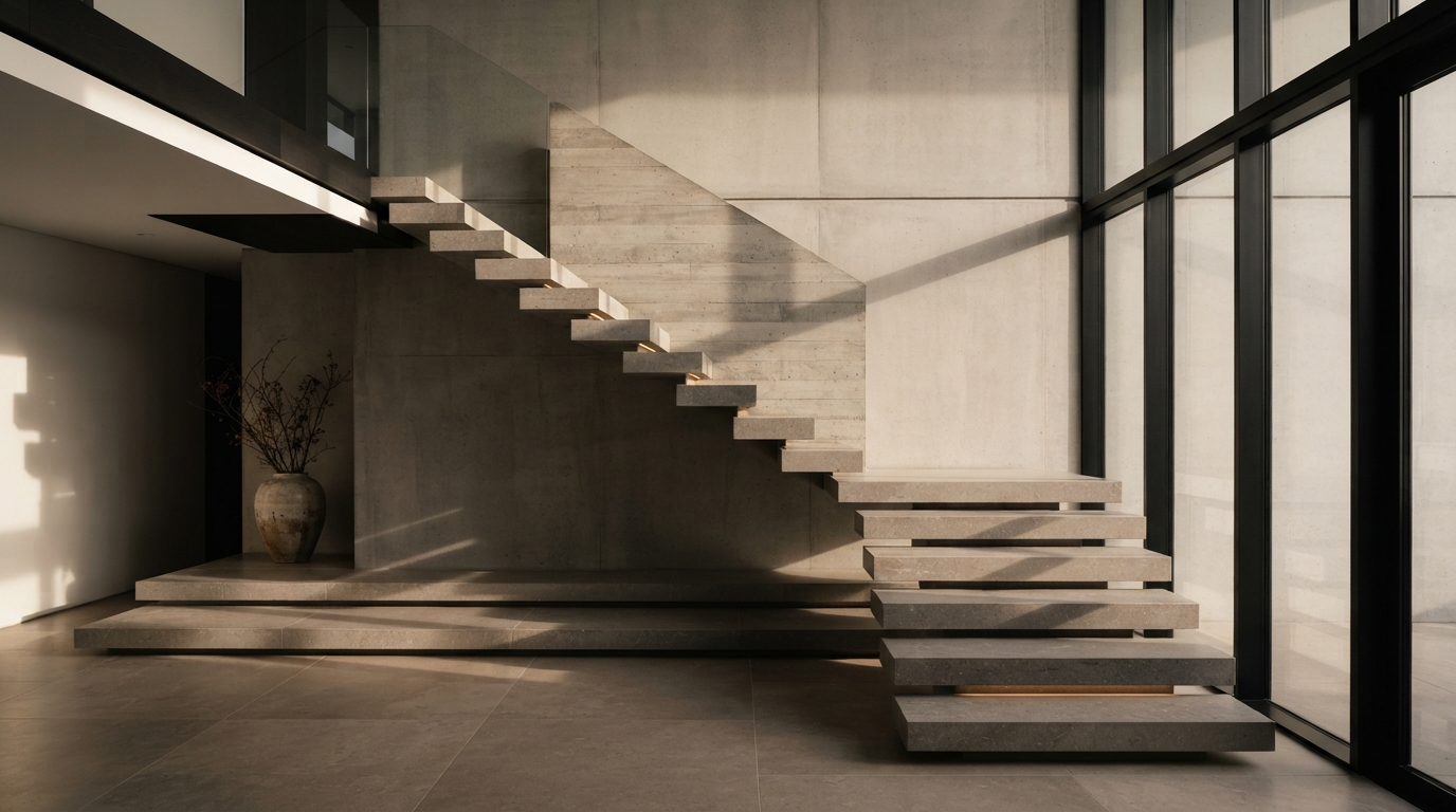 Modern architectural staircase with dramatic light and geometric lines