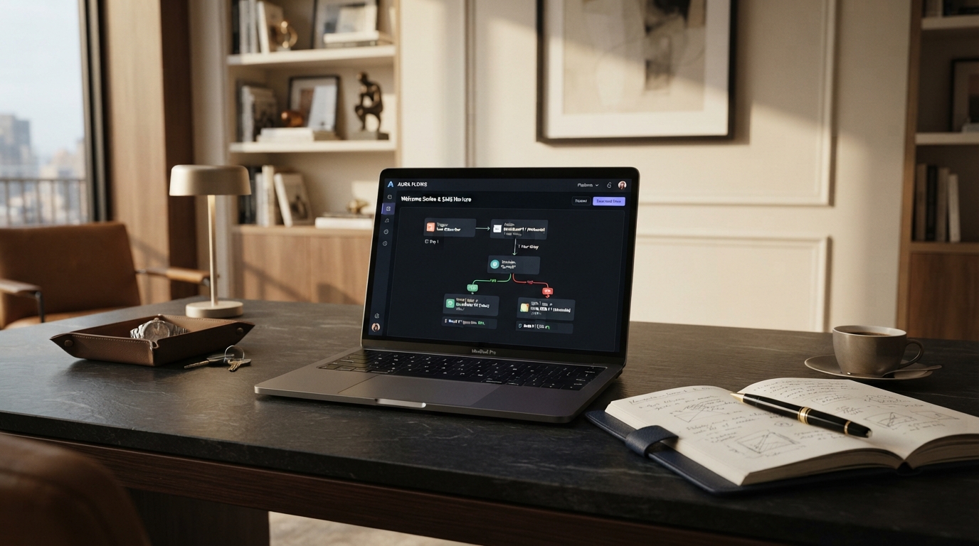 Laptop on a dark stone desk displaying email and SMS automation sequences representing marketing automation for small business