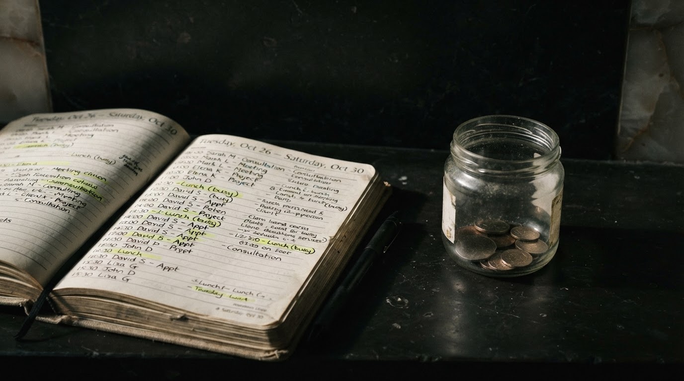 A packed paper appointment book open on a dark onyx surface beside a nearly empty glass jar with a few coins, representing the busy-broke paradox in service businesses