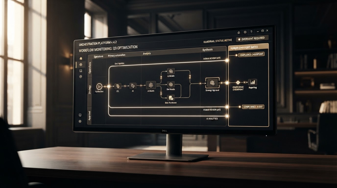AI agent guardrail dashboard on a dark monitor showing structured workflow lanes with boundary rails and human-oversight gate indicators.