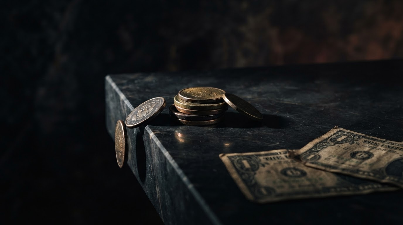 A small stack of coins and scattered currency on a dark onyx surface, representing revenue quietly slipping away from a service business
