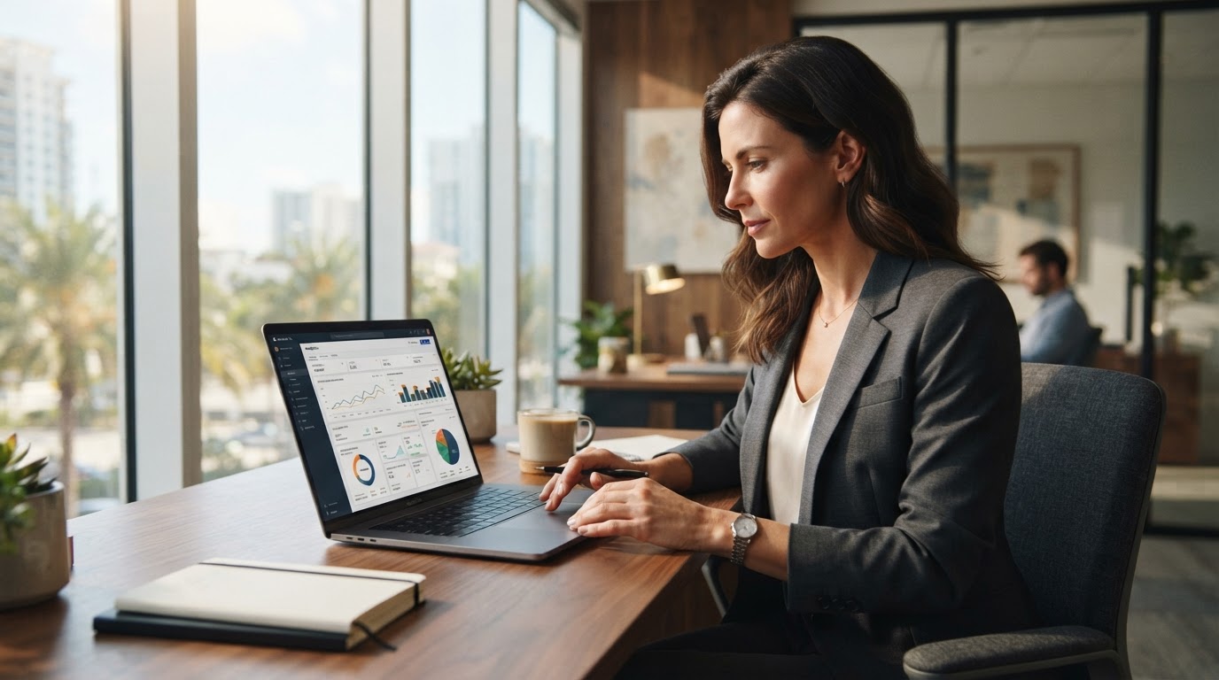 Service-business owner reviewing search advertising performance and AI optimization data on a laptop in a bright modern office.