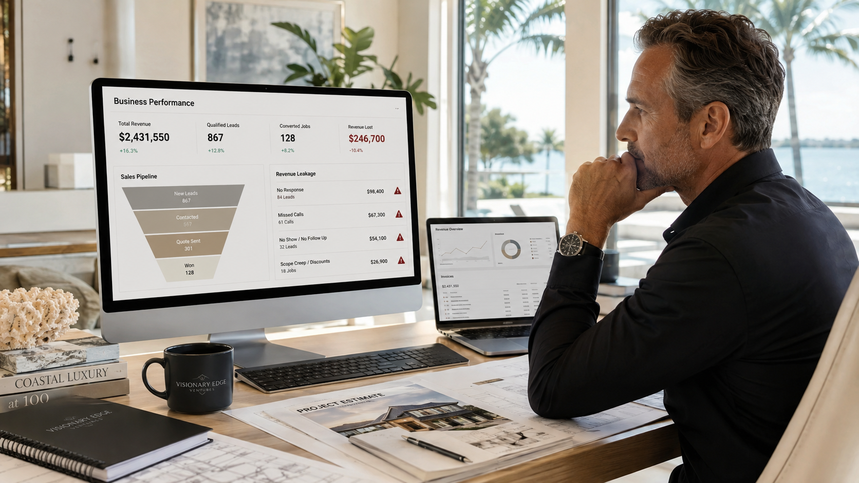 Service business owner reviewing a revenue leakage dashboard showing leads, missed opportunities, and lost revenue in a bright modern office