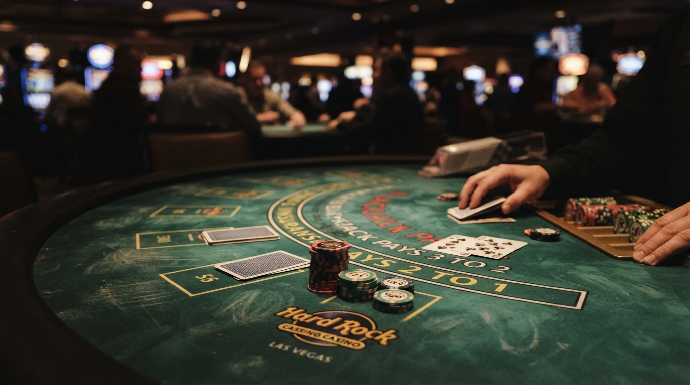 Blackjack table layout with chips and cards