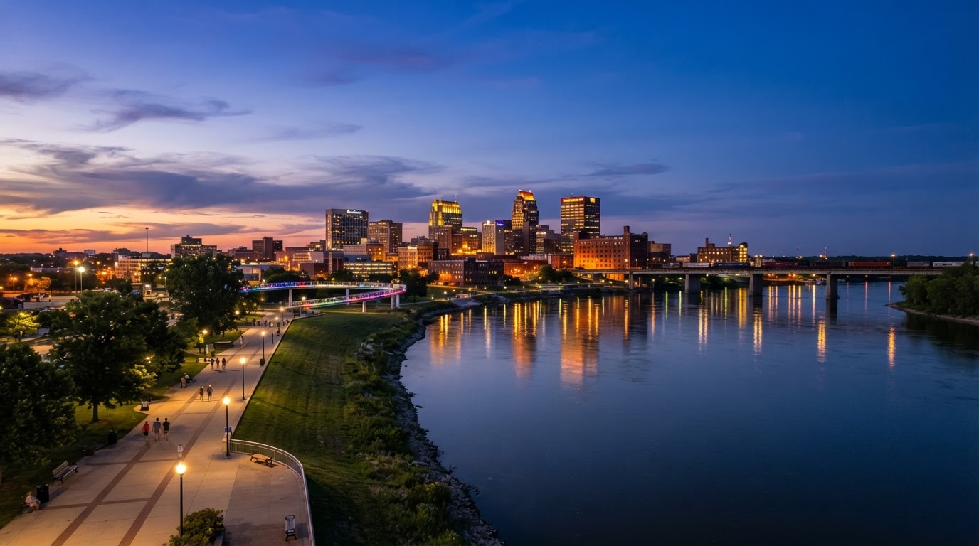 Davenport riverfront at dusk along the Mississippi River