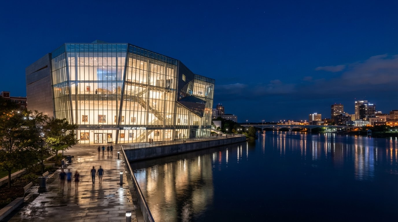 Figge Art Museum glass facade lit at night on the Davenport riverfront