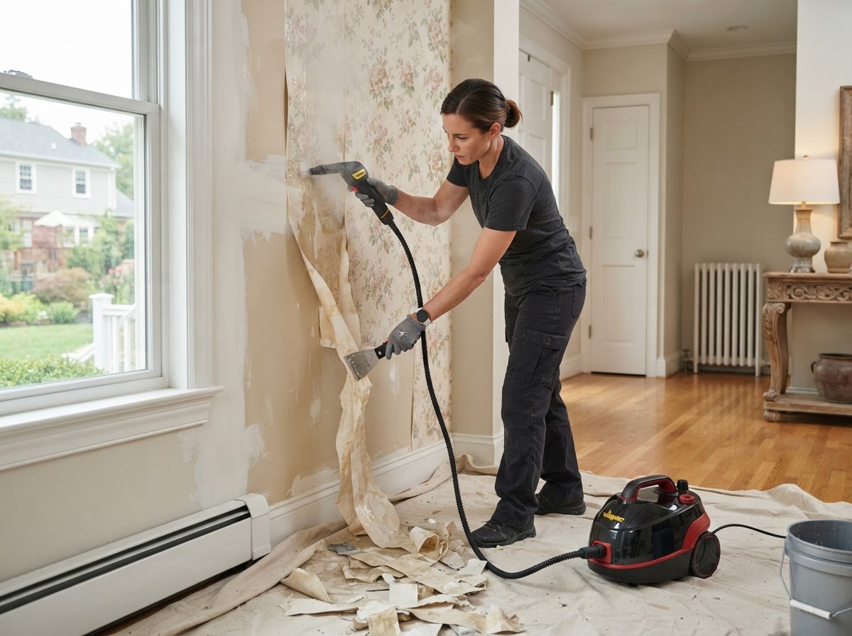Wallpaper Removal — professional painter at work in a Houston, TX home | Rose Painting Group