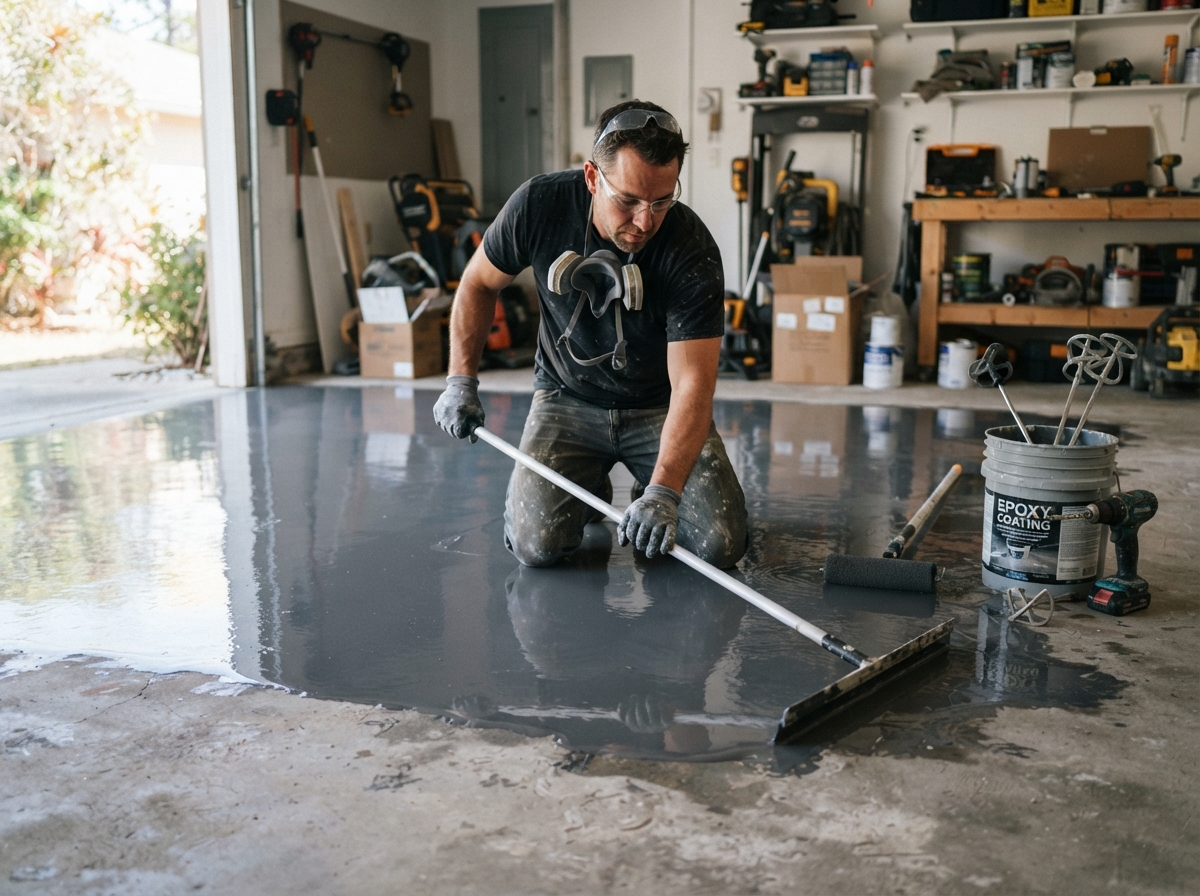 Garage Floor Coatings — professional painter at work in a Houston, TX home | Rose Painting Group