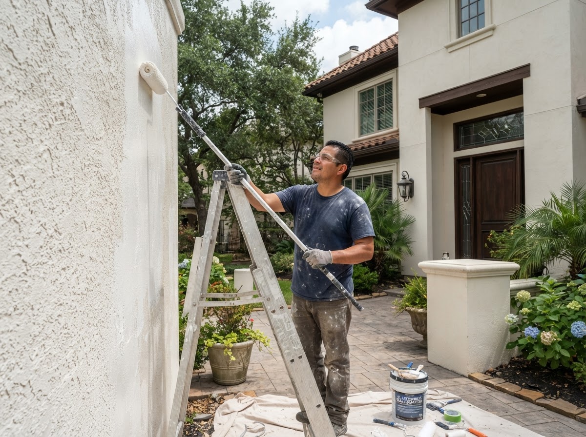 Stucco Painting — professional painter at work in a Houston, TX home | Rose Painting Group