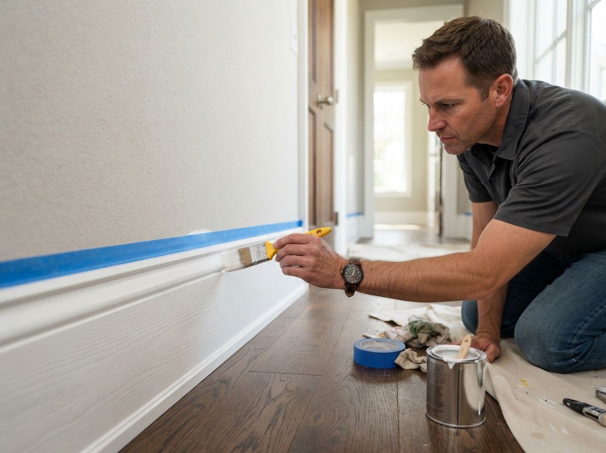 Trim Painting — professional painter at work in a Houston, TX home | Rose Painting Group