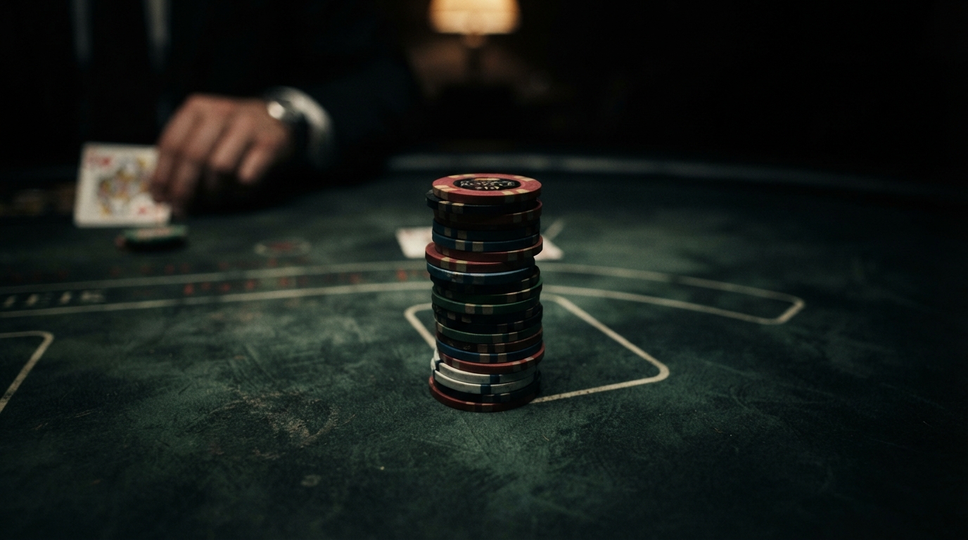 Casino chips and table layout in dramatic low-key lighting