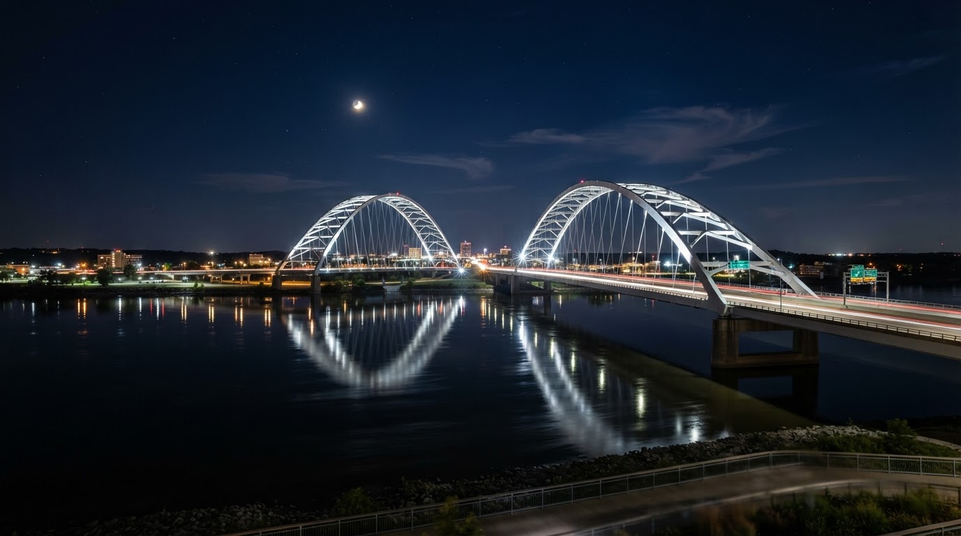 The I-74 twin-arch bridge over the Mississippi River at night