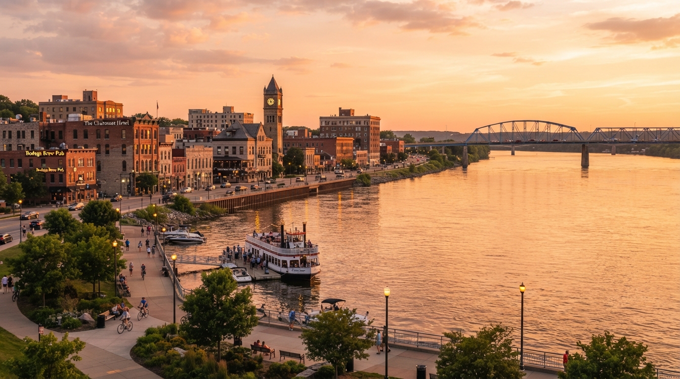 Riverfront of a Quad City at golden hour with a bridge in the distance