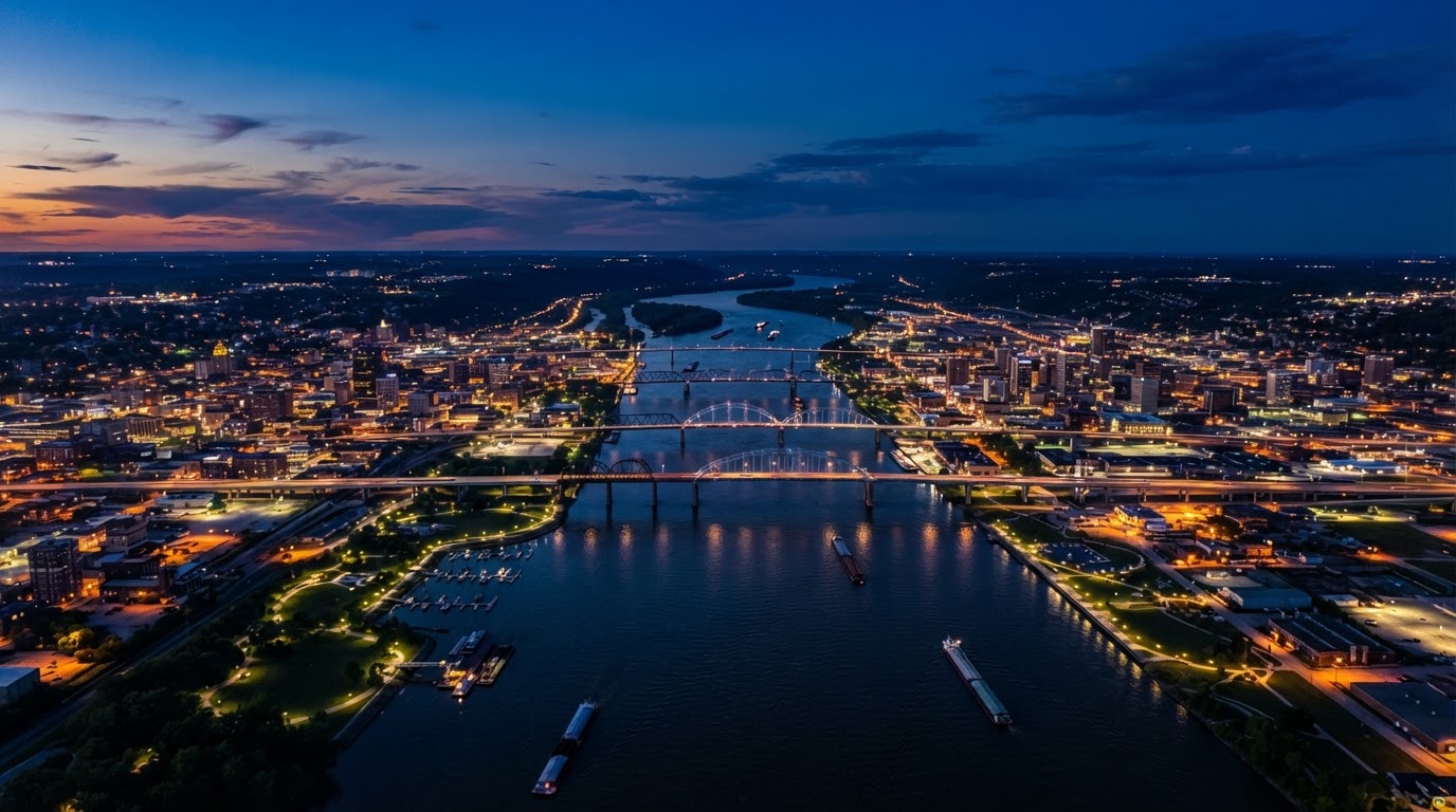 Aerial view of the Mississippi River flowing through the Quad Cities at dusk