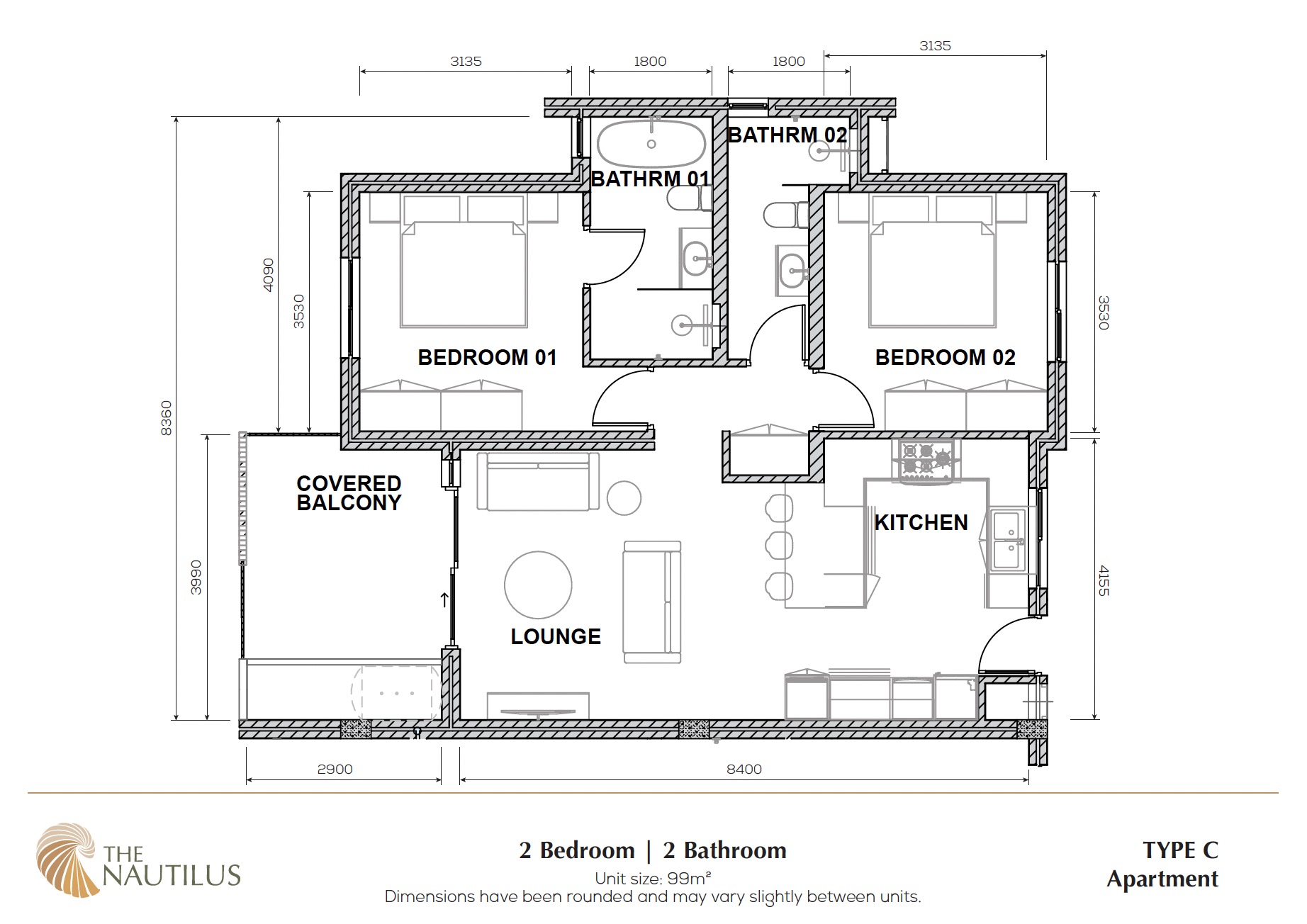 2 Bed 2 Bath Apartment Type C — 99m²