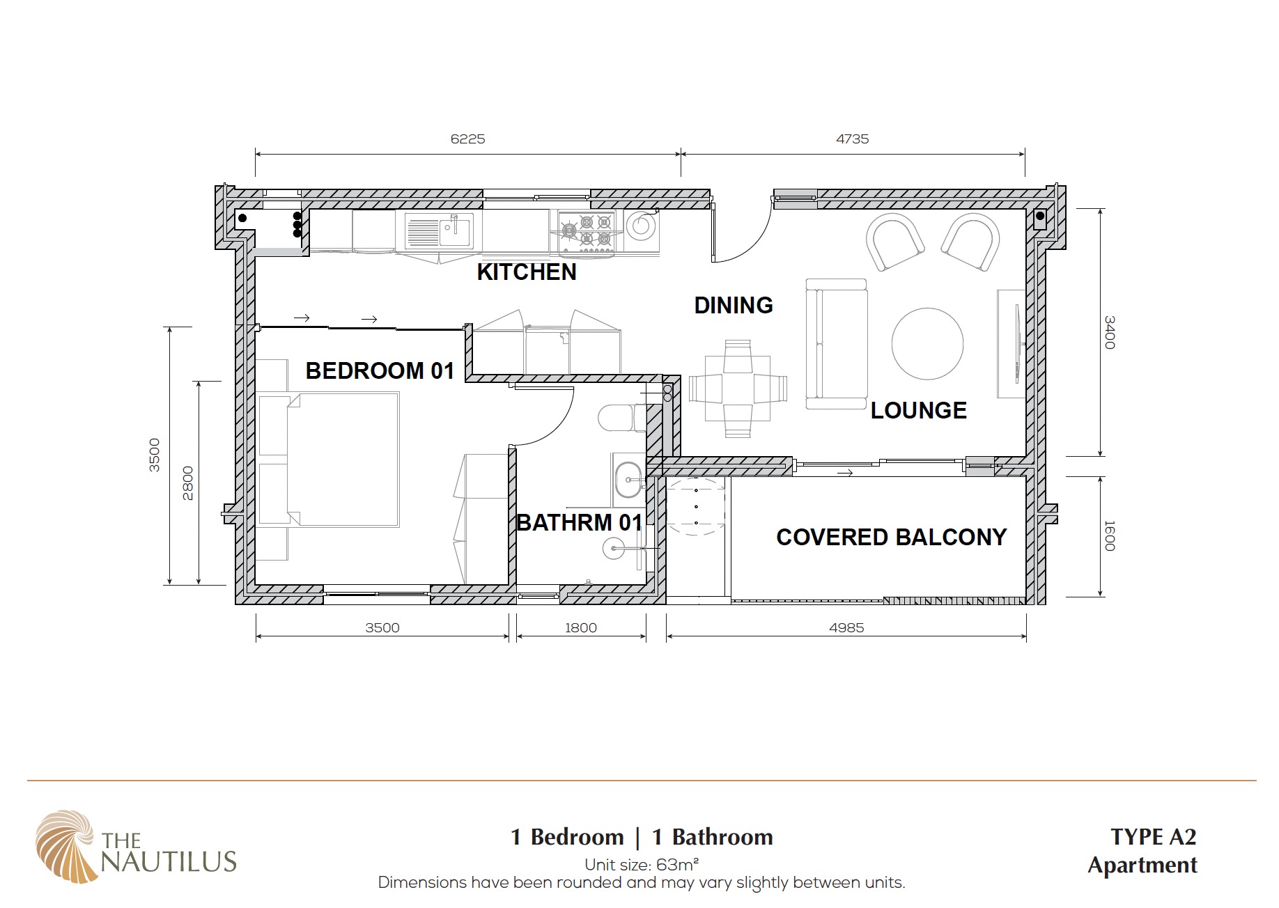 1 Bed 1 Bath Apartment Type A2 — 63m²