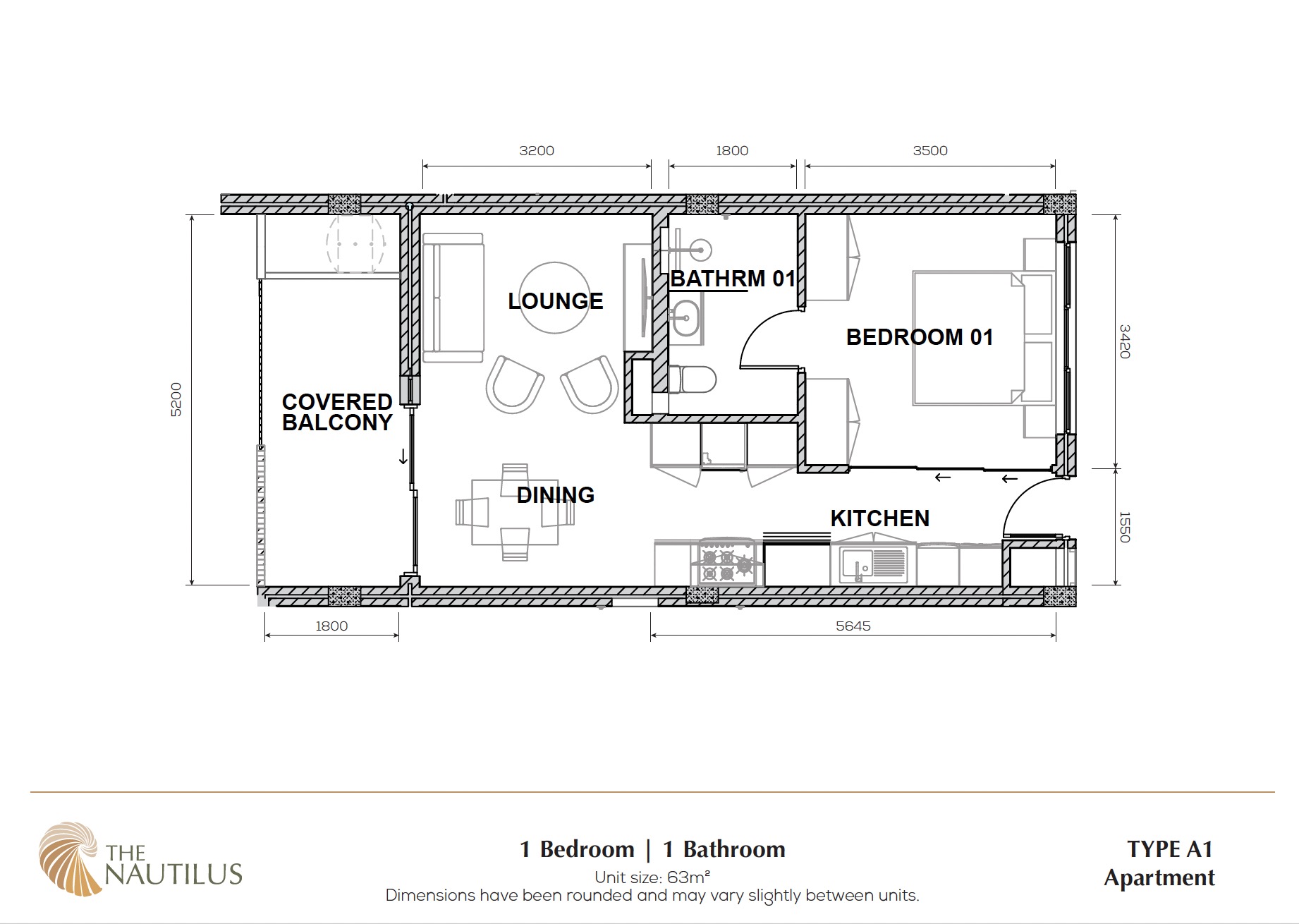 1 Bed 1 Bath Apartment Type A1 — 63m²
