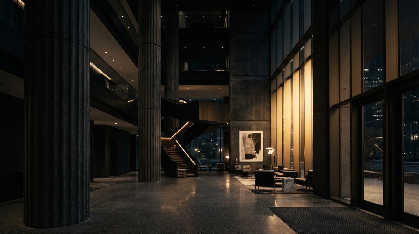 Dramatic modern building interior with large structural columns