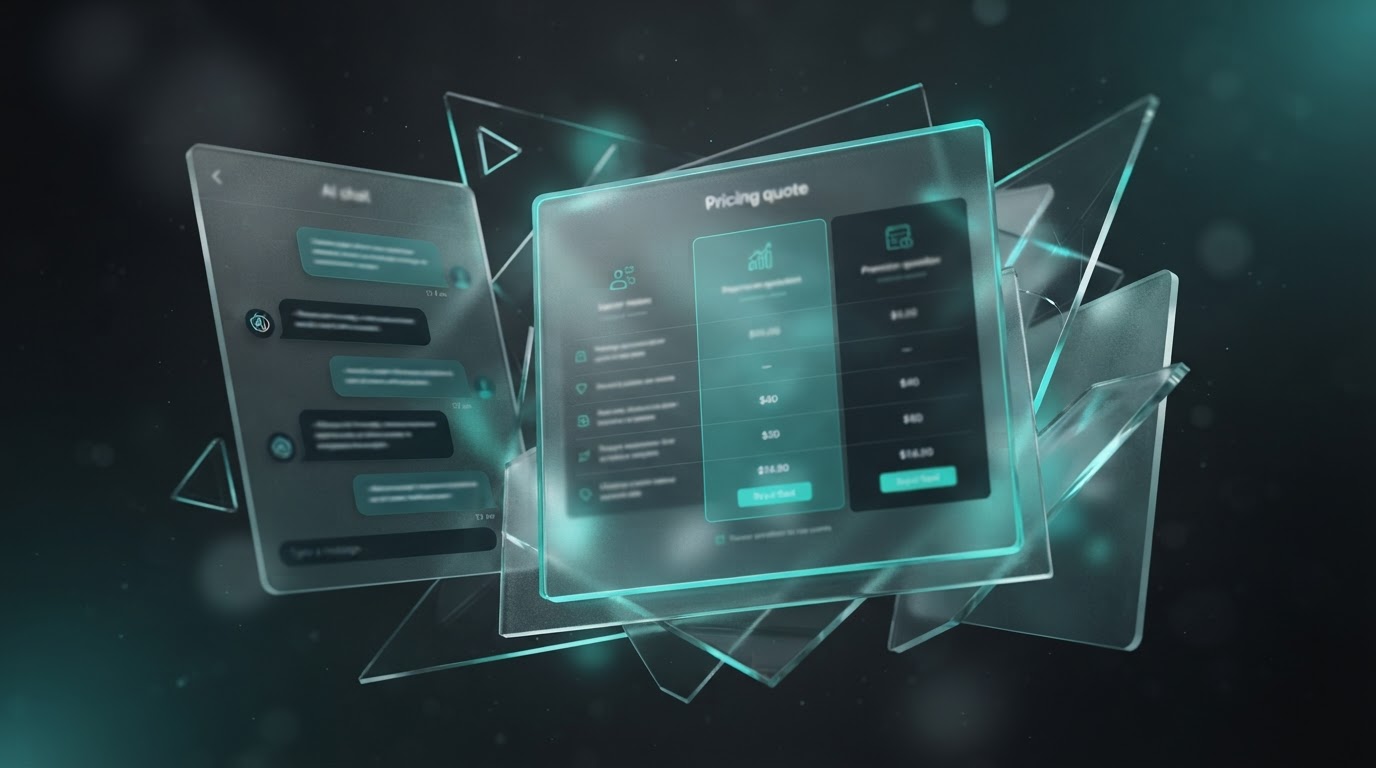 3D frosted-glass pricing and AI chat conversation panels floating in dark space with glowing teal edges