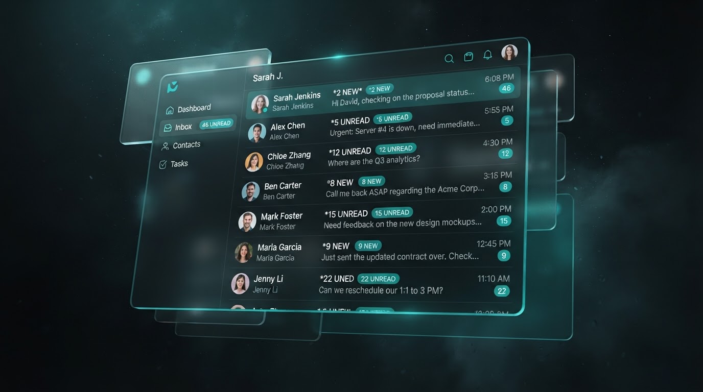 Frosted-glass CRM inbox with unread messages piling up hours apart, glowing teal accents in dark space