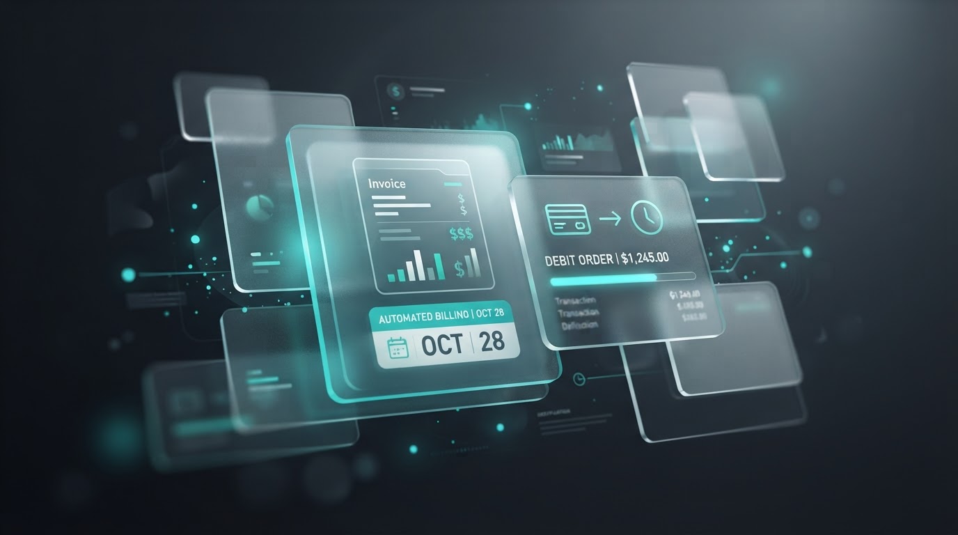 3D frosted-glass invoice and scheduled debit-order calendar reminder cards floating with glowing teal edges on dark charcoal