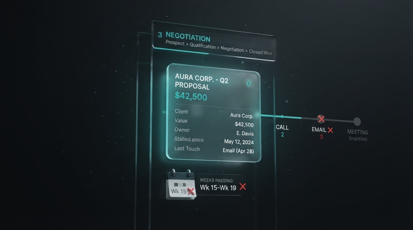 Frosted-glass sales pipeline with a stalled quote card and an idle follow-up calendar in dark space