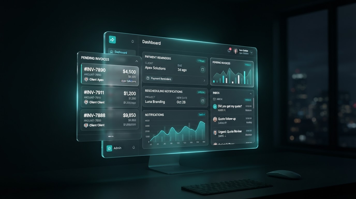 Frosted-glass admin dashboard glowing alone at night with piled-up reminders and invoices in dark space