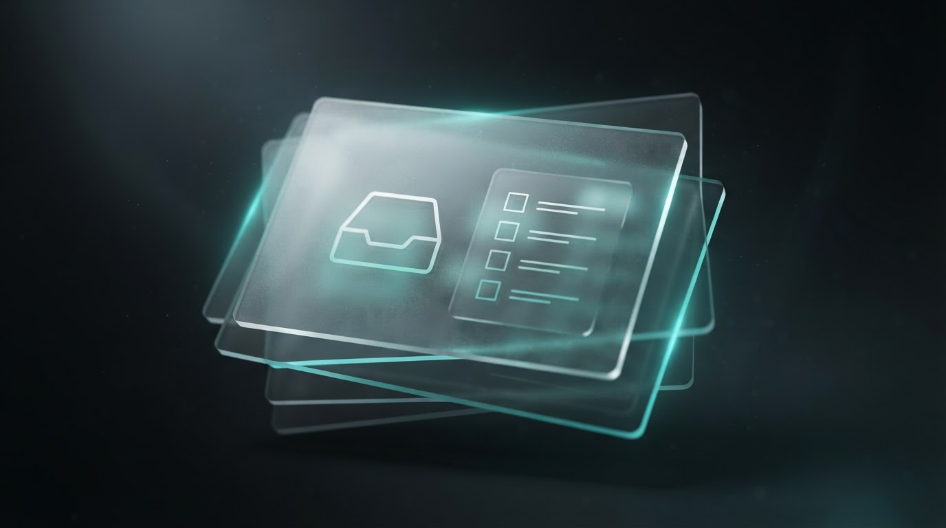 3D frosted-glass panel with light passing through, revealing a clean inbox and transparent checklist, teal glow on dark charcoal