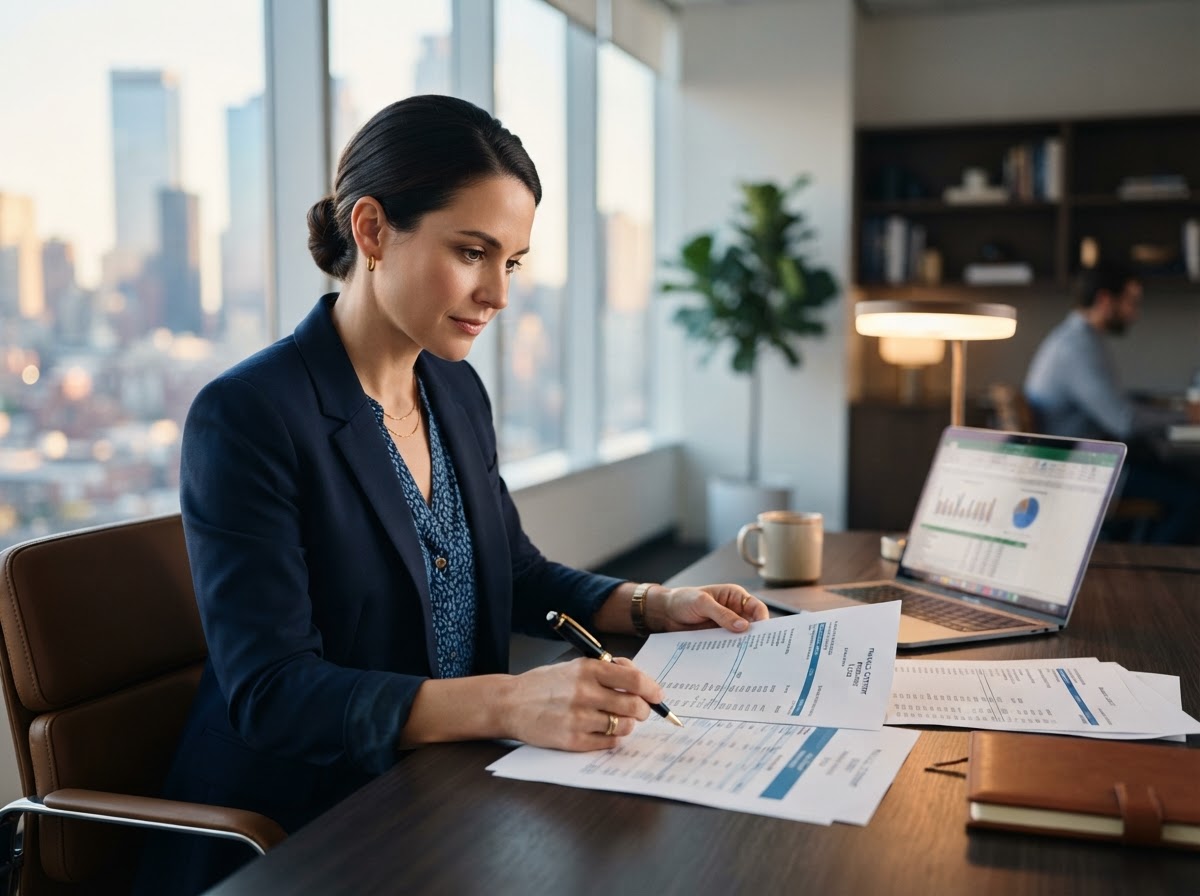 CPA accountant reviewing financial documents at a modern desk