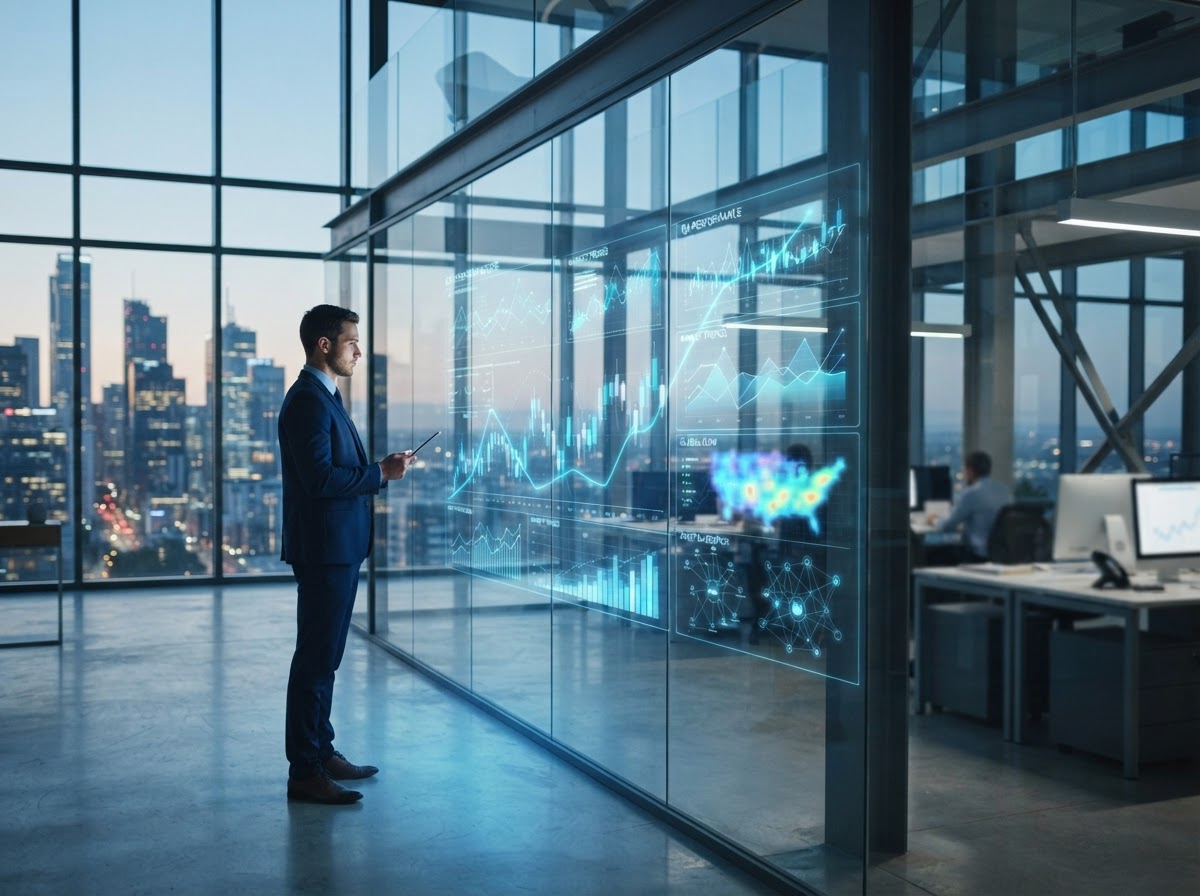Modern office with abstract financial data visualization