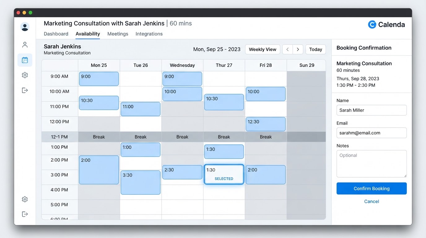 Online calendar booking page with available time slots