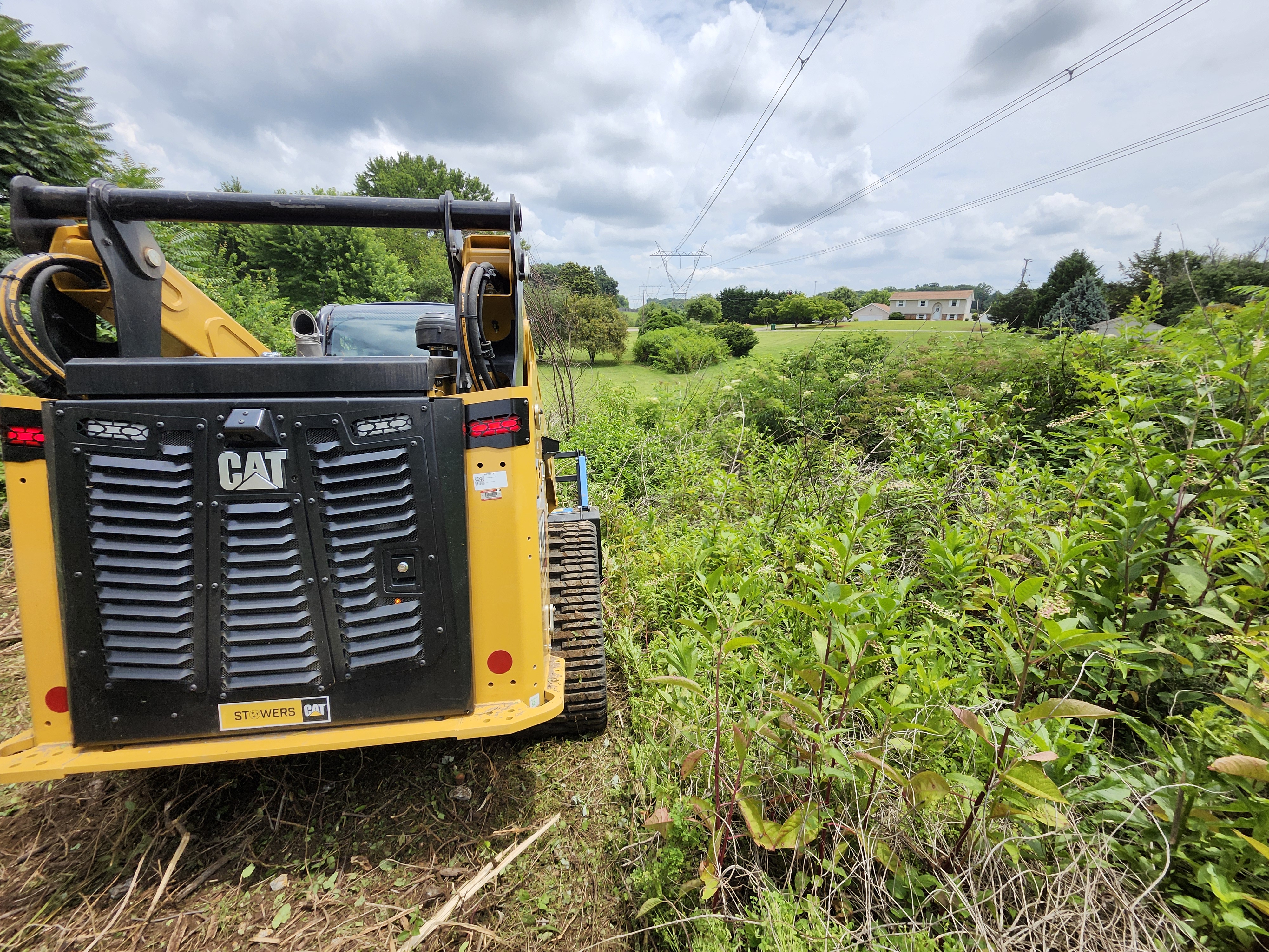 CAT 275 compact track loader reclaiming overgrown field border and overgrown briars