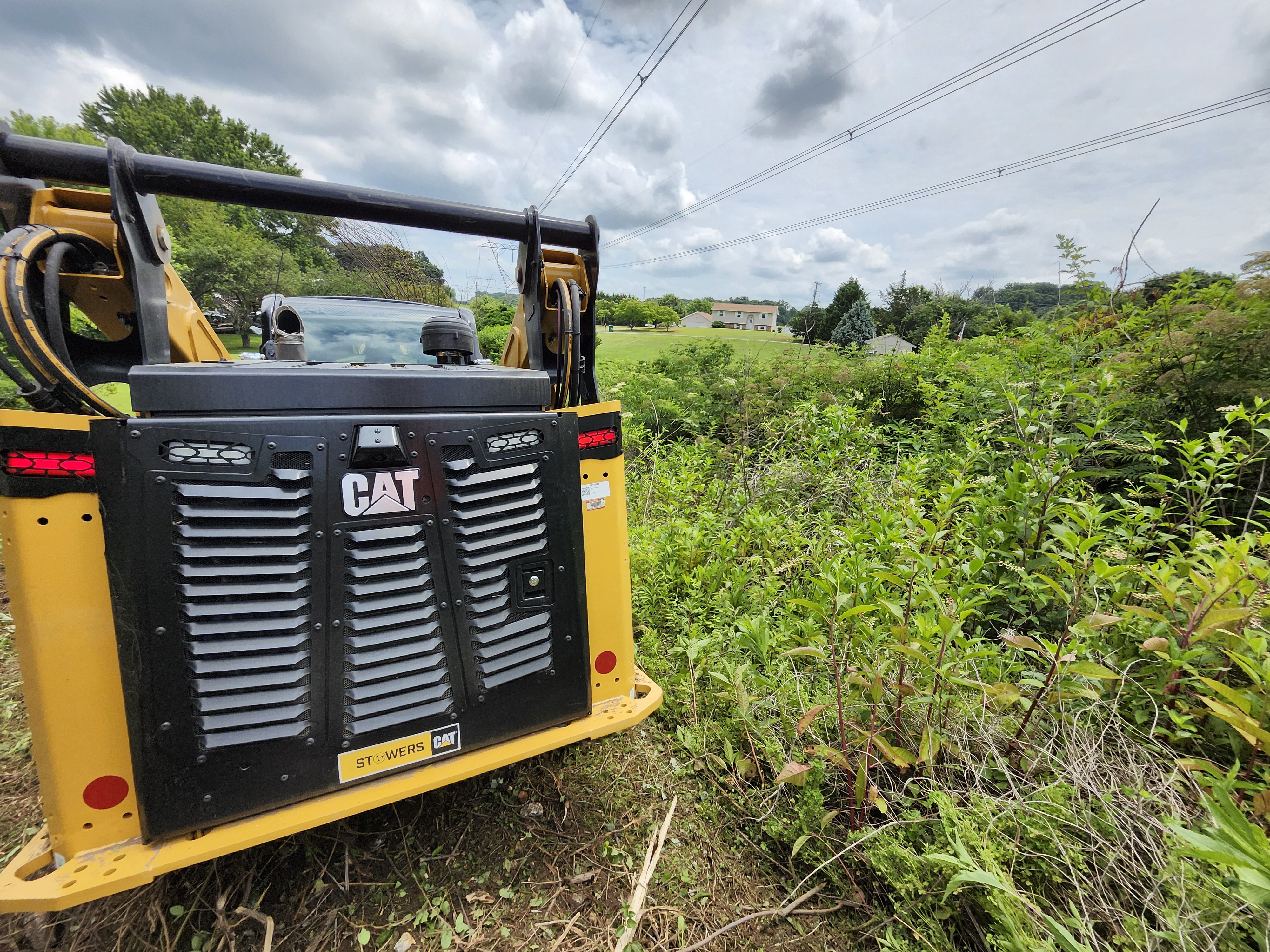 Close-up view of CAT 275 compact track loader grinding thick brush in East Tennessee