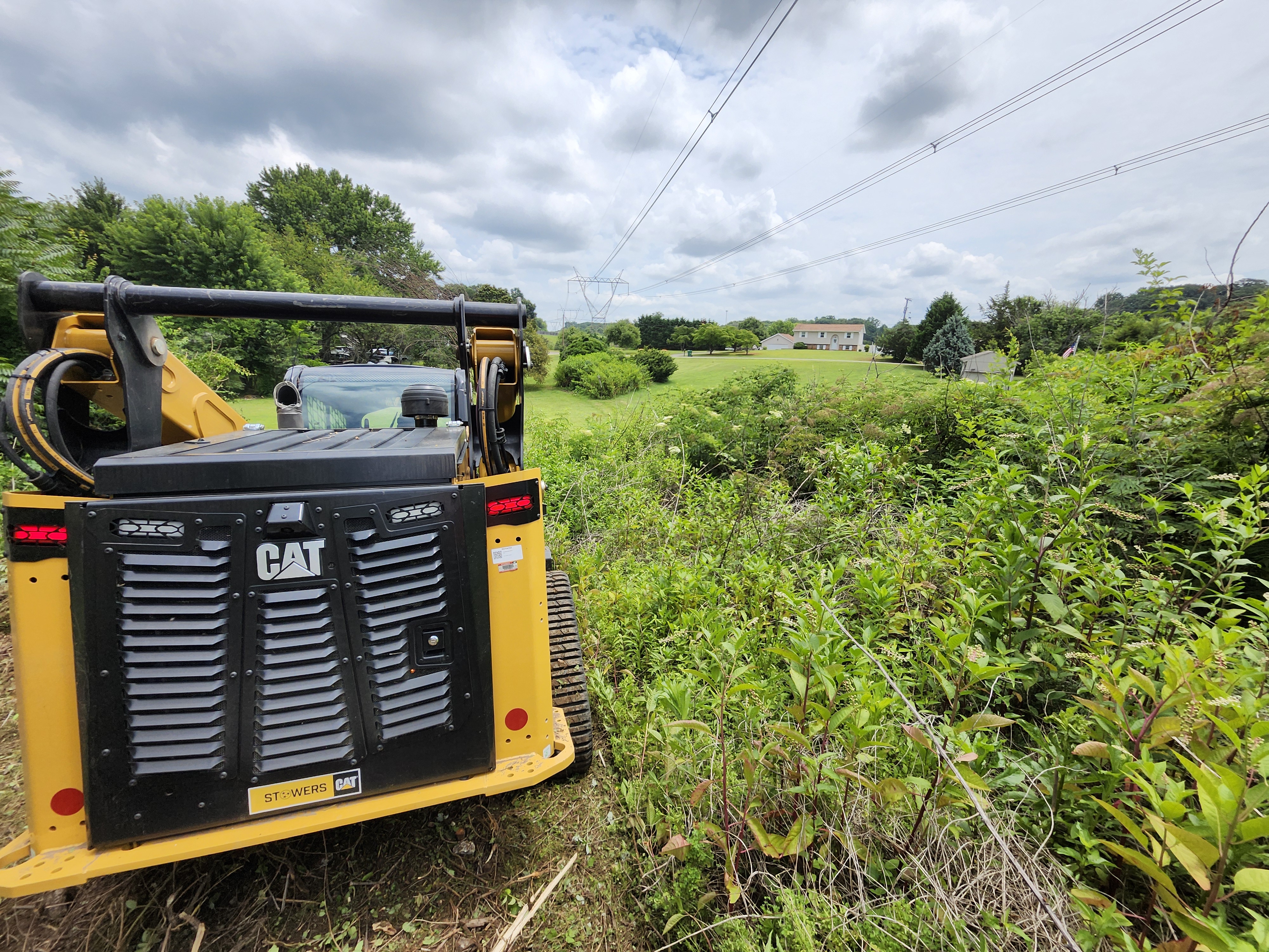 CAT 275 high-flow compact track loader clearing dense brush and overgrown vegetation in East Tennessee