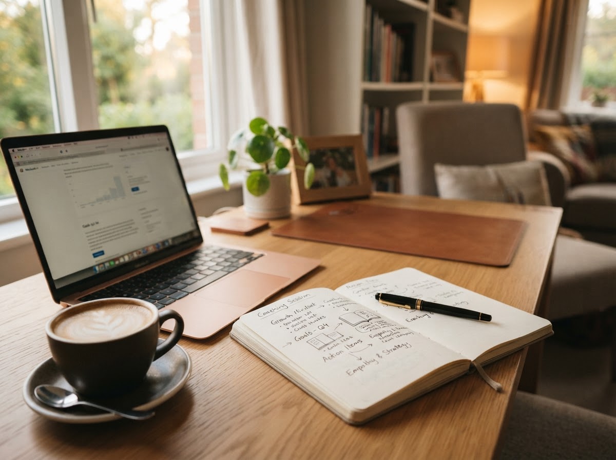 A clean modern desk with a laptop, notebook, and coffee, representing Chris's personal workspace
