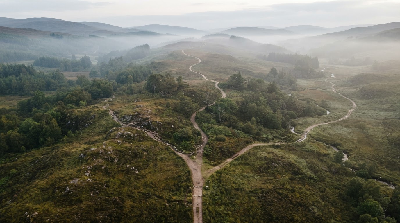 A winding path through a misty landscape that branches into three trails then converges, symbolising a flexible journey