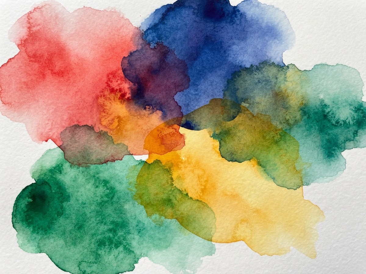 Four soft overlapping colour washes in red, blue, yellow, and green on off-white paper