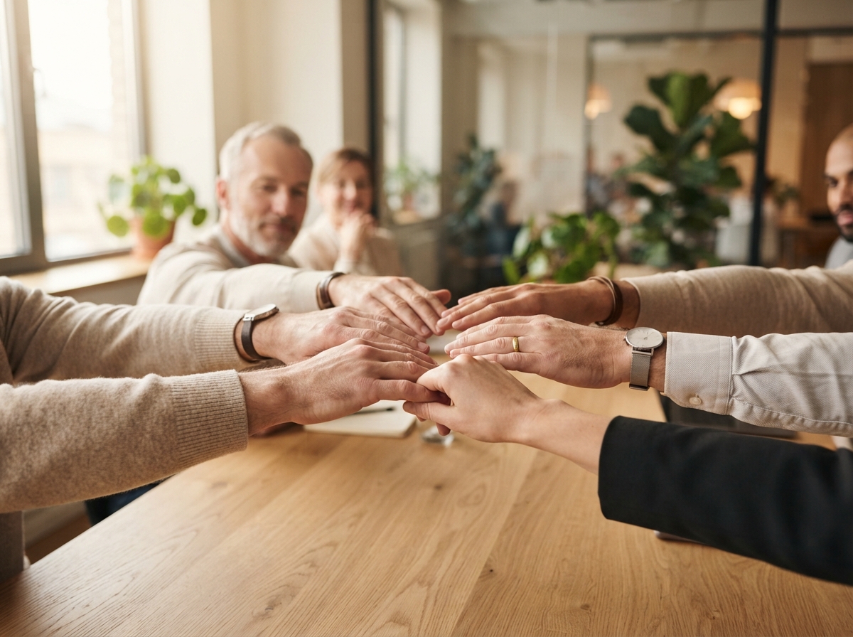 Multiple hands coming together in a circle, symbolising a trusted professional network