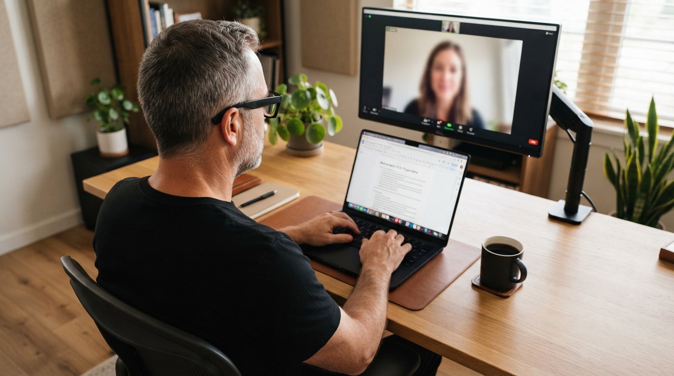 Chris seen from behind at his desk, graying hair and glasses, wearing a black T-shirt, laptop open with a Zoom call and a cup of coffee