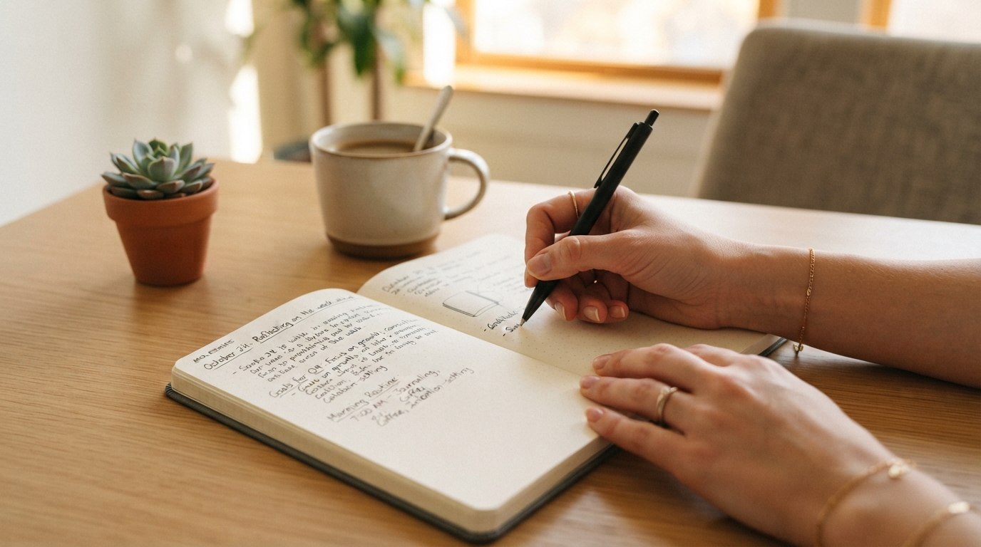 Close-up of hands writing in a modern journal with a pen, soft natural light