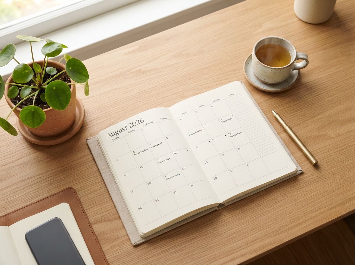 A calm desk scene with a calendar, small plant, and cup of tea in soft natural light