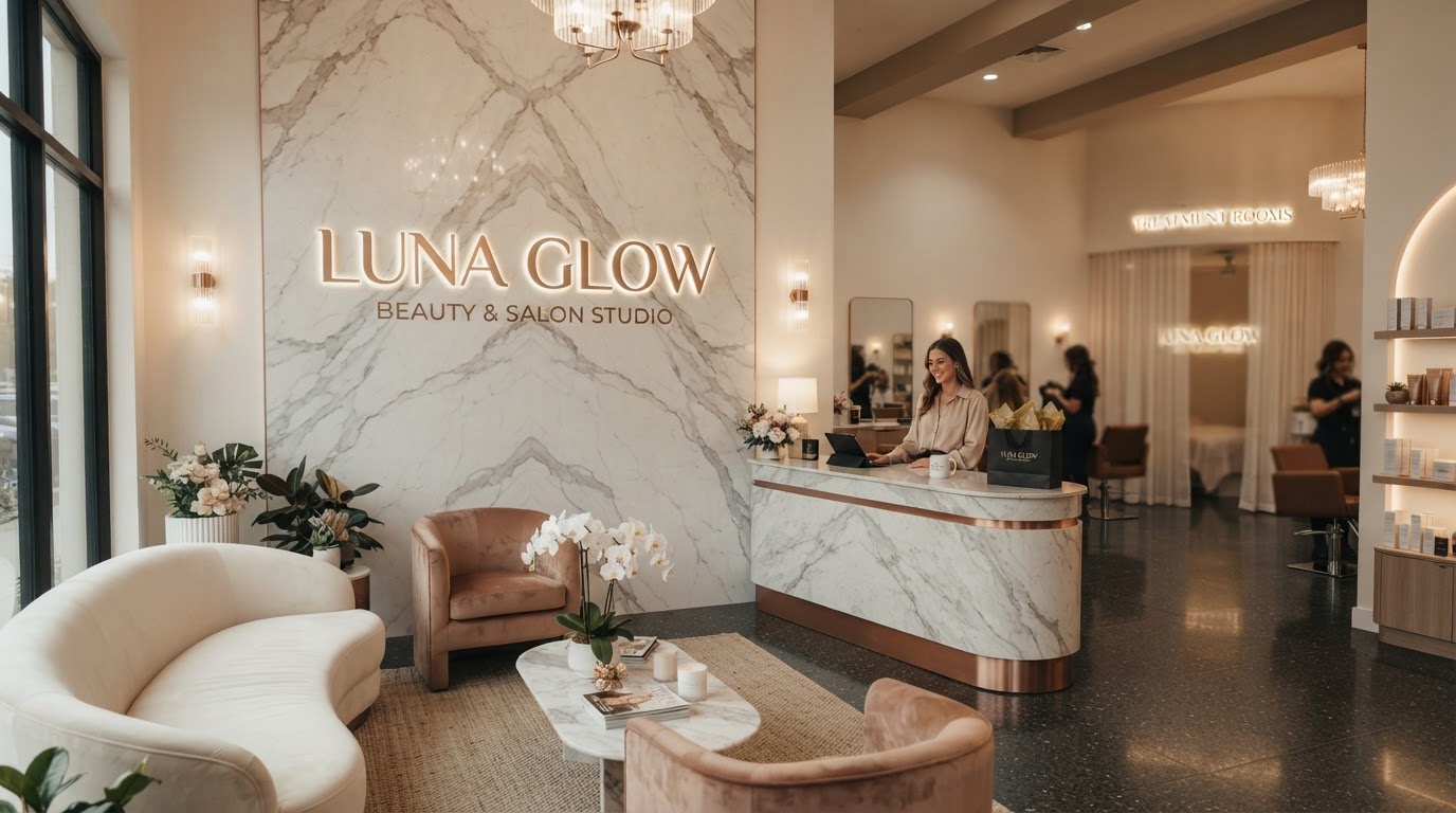 Luna Glow Beauty Studio luxury interior — reception, consultation area, hair styling station, facial treatment room, and spa suite