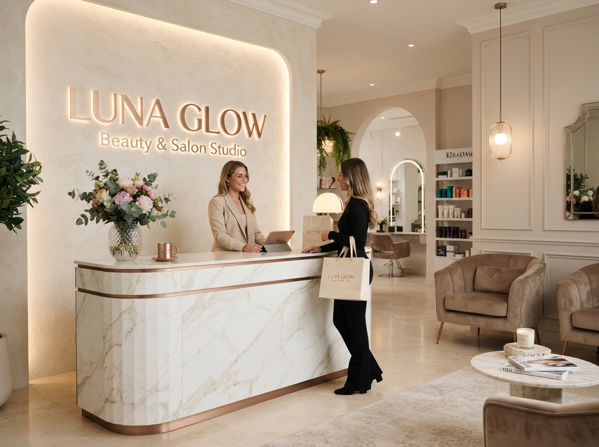 Luxury Reception Area at Luna Glow Beauty Studio